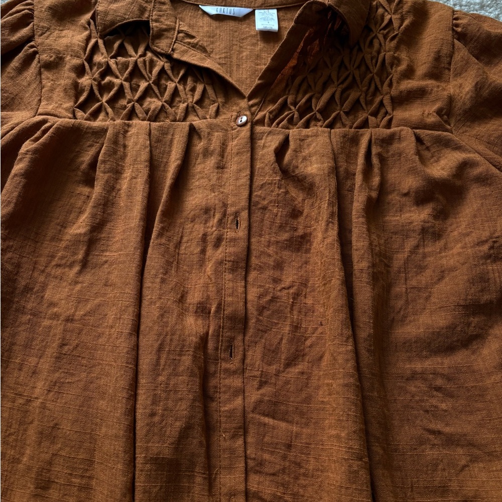 Kaktus Terracotta Blouse Smocked Yoke Ruffled Cuff Lace Trim Boho Peasant Chic - Picture 6 of 9